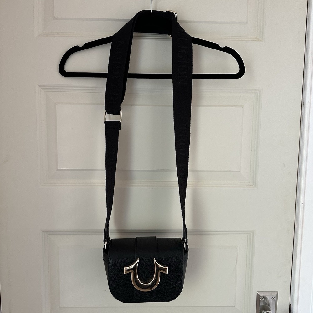 TRUE RELIGION Mini Flap Logo Crossbody Bag Black Gold Horseshoe Adjustable Strap